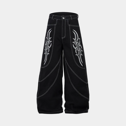 Deconstructed Contrast Embroidered Baggy Jeans