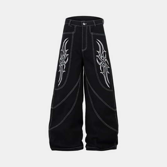 Deconstructed Contrast Embroidered Baggy Jeans