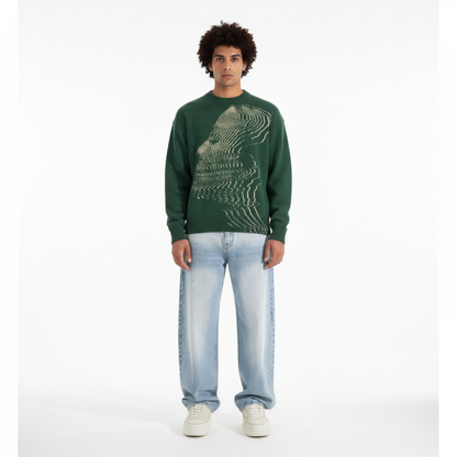 'Vibrations' Graphic Knitted Sweater - Moss Green